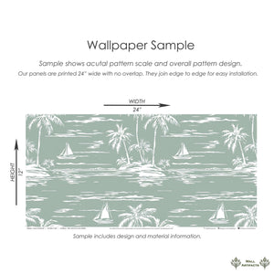 Palm Coastline wallpaper in sage green with sailboats, palm trees, and coastal scene by Wall Artifacts, perfect for coastal spaces.