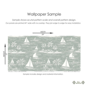 Harbor Calm wallpaper sample with sailboats, palm trees, and ocean on a coastal toile design background.