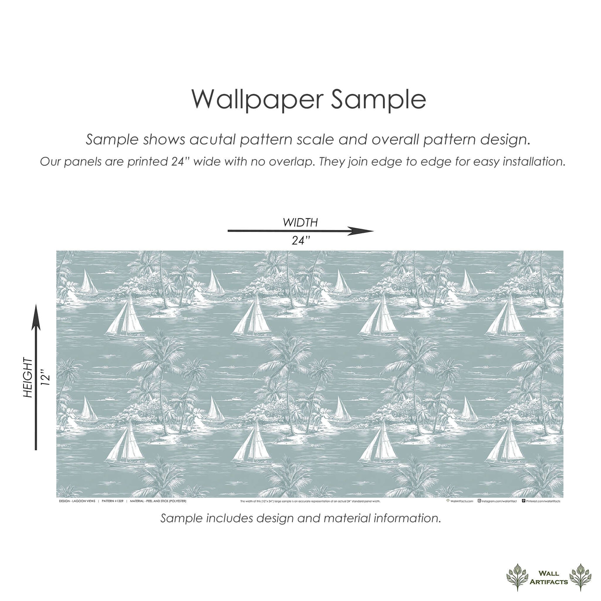 Lagoon Views wallpaper sample showing coastal design with sailboats, palm trees, and ocean, ideal for boating and harbor themes.