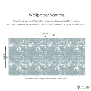 Lagoon Views wallpaper sample showing coastal design with sailboats, palm trees, and ocean, ideal for boating and harbor themes.