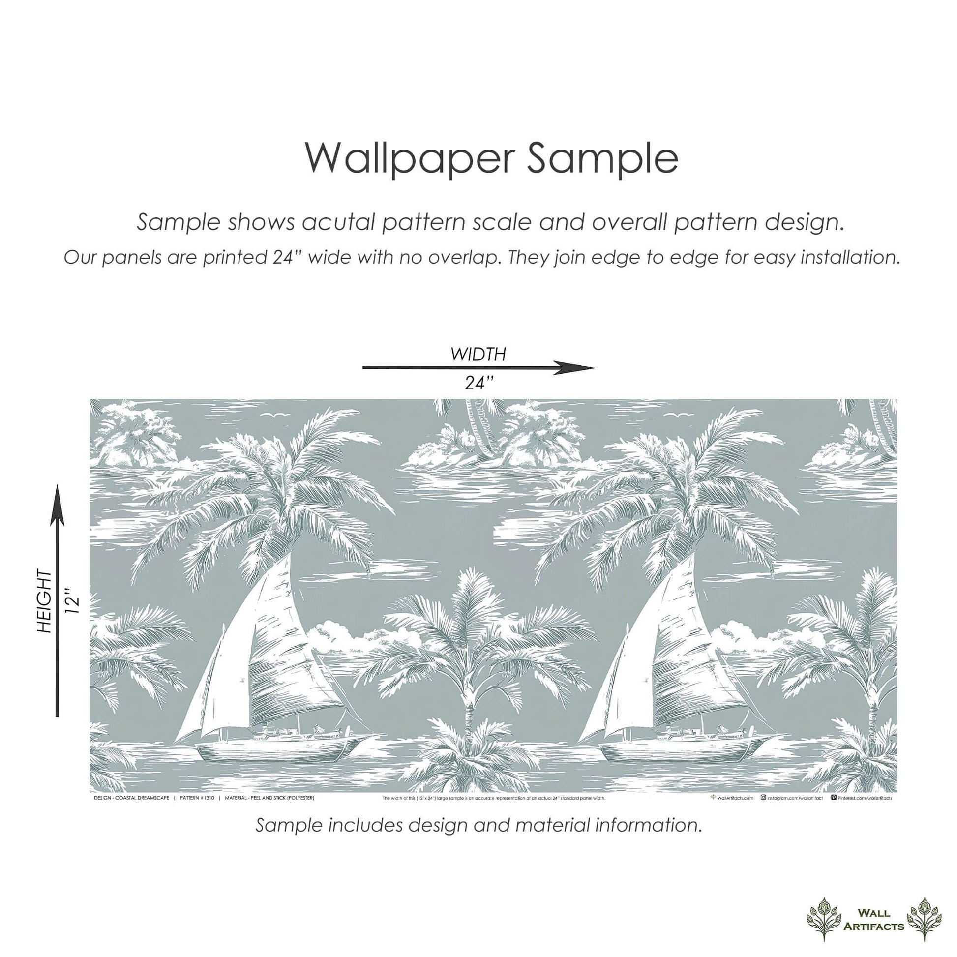 Coastal Dreamscape wallpaper sample with sailboats, palm trees, ocean, and harbor design by Wall Artifacts.