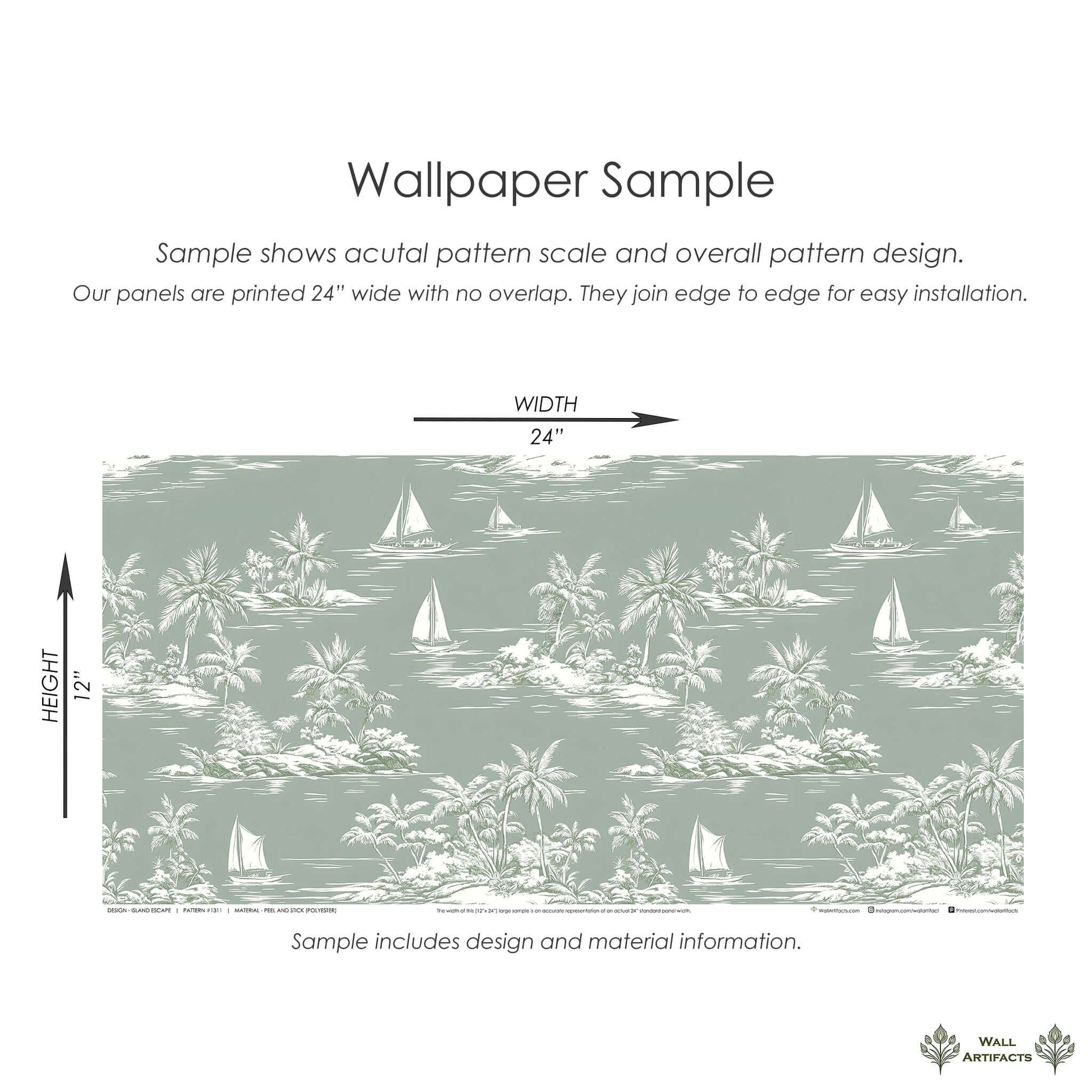 Island Escape Wallpaper sample featuring boats, palm trees, and ocean scenery for coastal décor, perfect for beach homes.