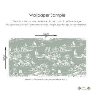 Island Escape Wallpaper sample featuring boats, palm trees, and ocean scenery for coastal décor, perfect for beach homes.