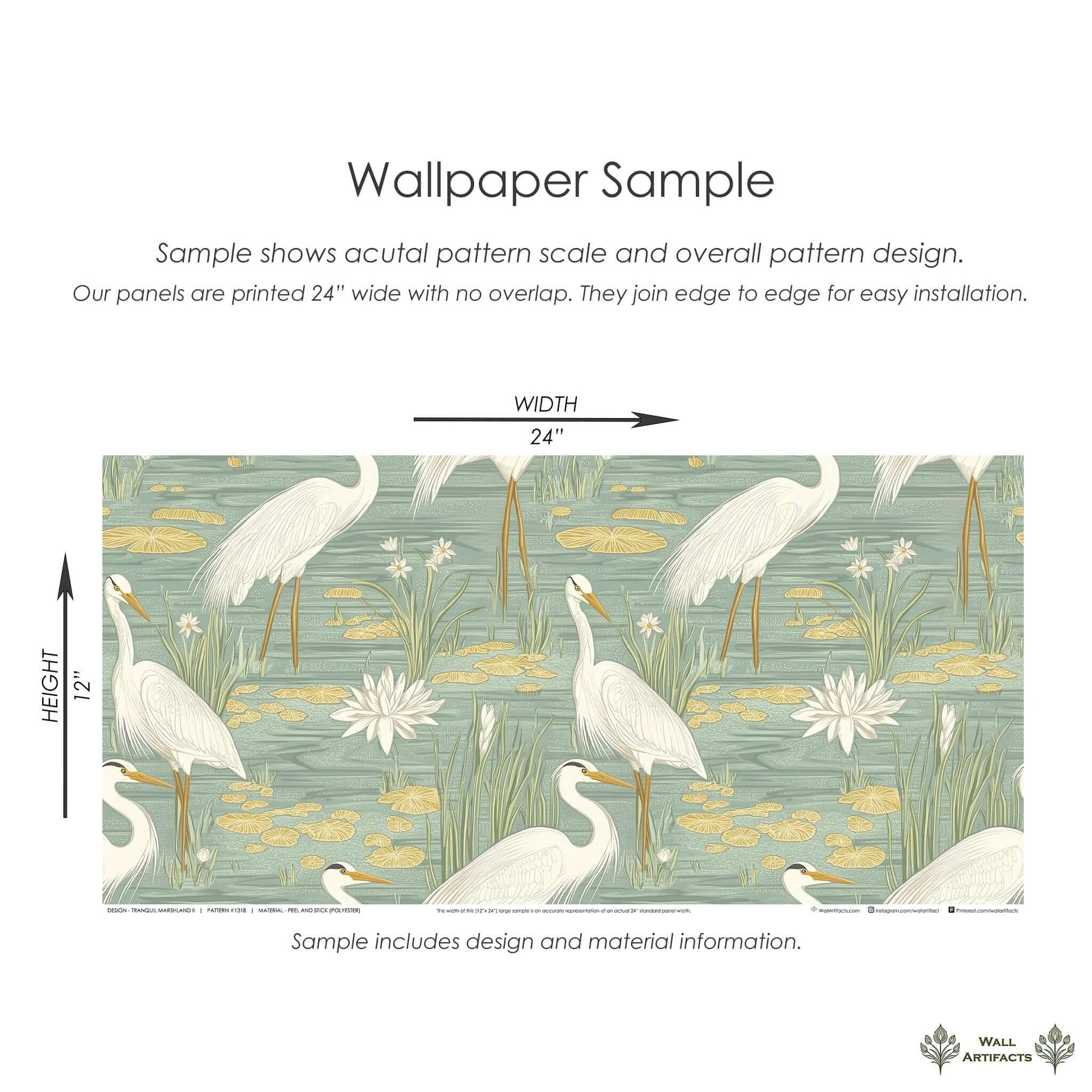 Tranquil Marshland II wallpaper sample with blue herons, water lilies, and reeds in teal and tan hues by Wall Artifacts.