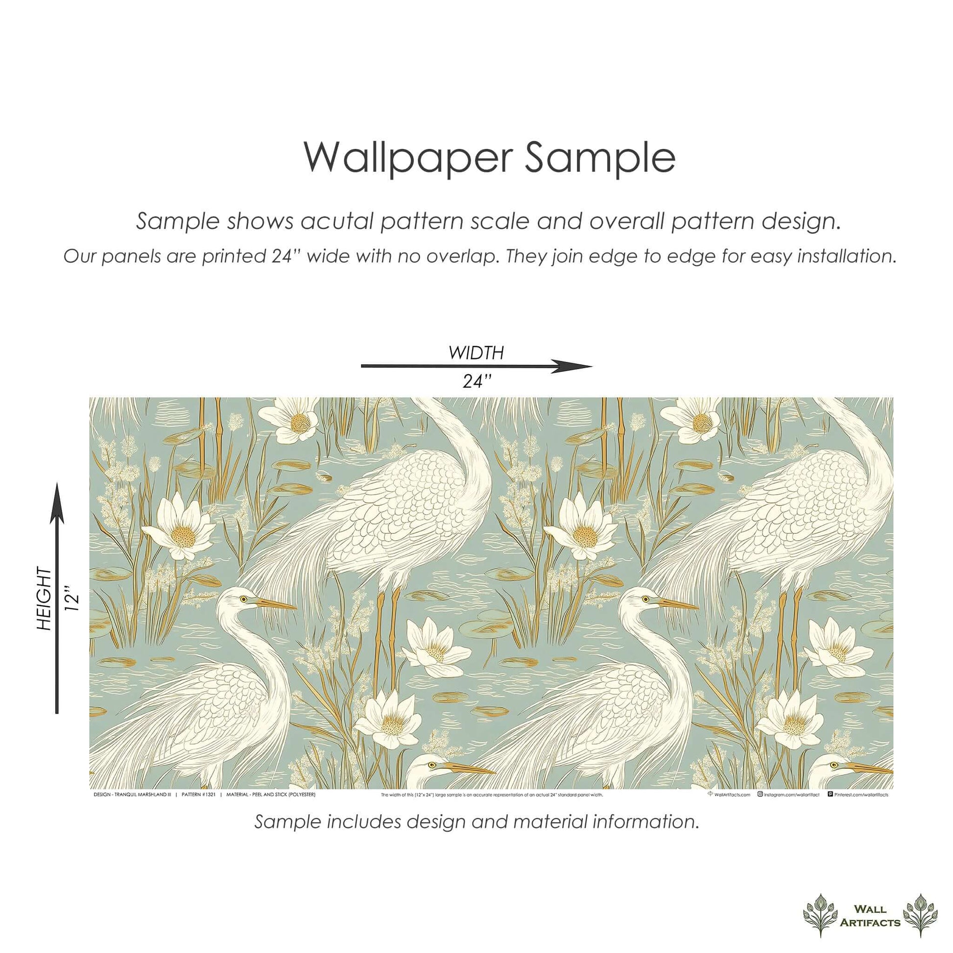 Wallpaper sample featuring blue herons and lotus flowers on a teal and tan marshland background, ideal for contemporary interiors.