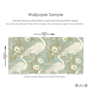 Wallpaper sample featuring blue herons and lotus flowers on a teal and tan marshland background, ideal for contemporary interiors.
