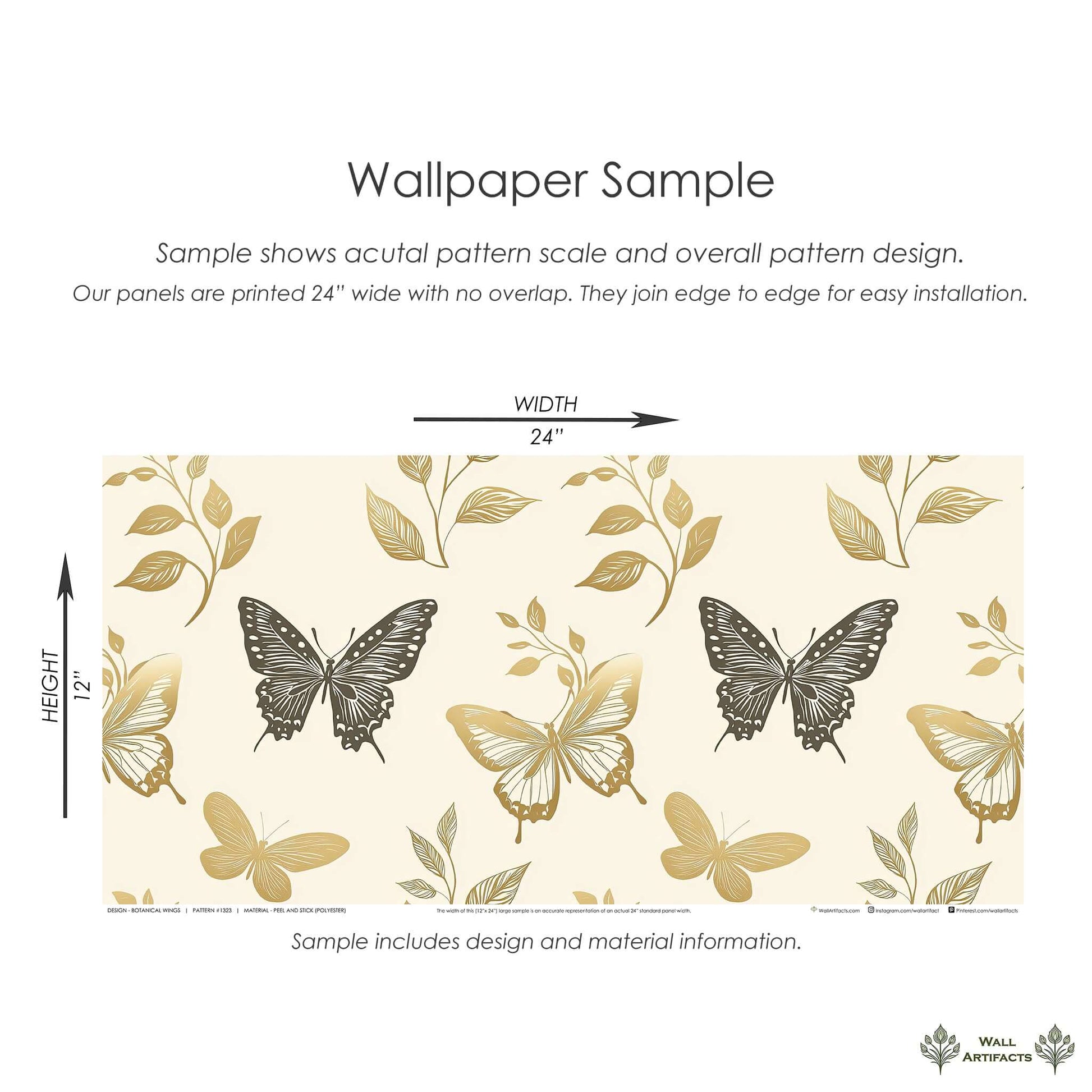 Elegant botanical wallpaper sample with butterflies and leaves in soft gold and charcoal tones, ideal for modern nursery or playroom decor.