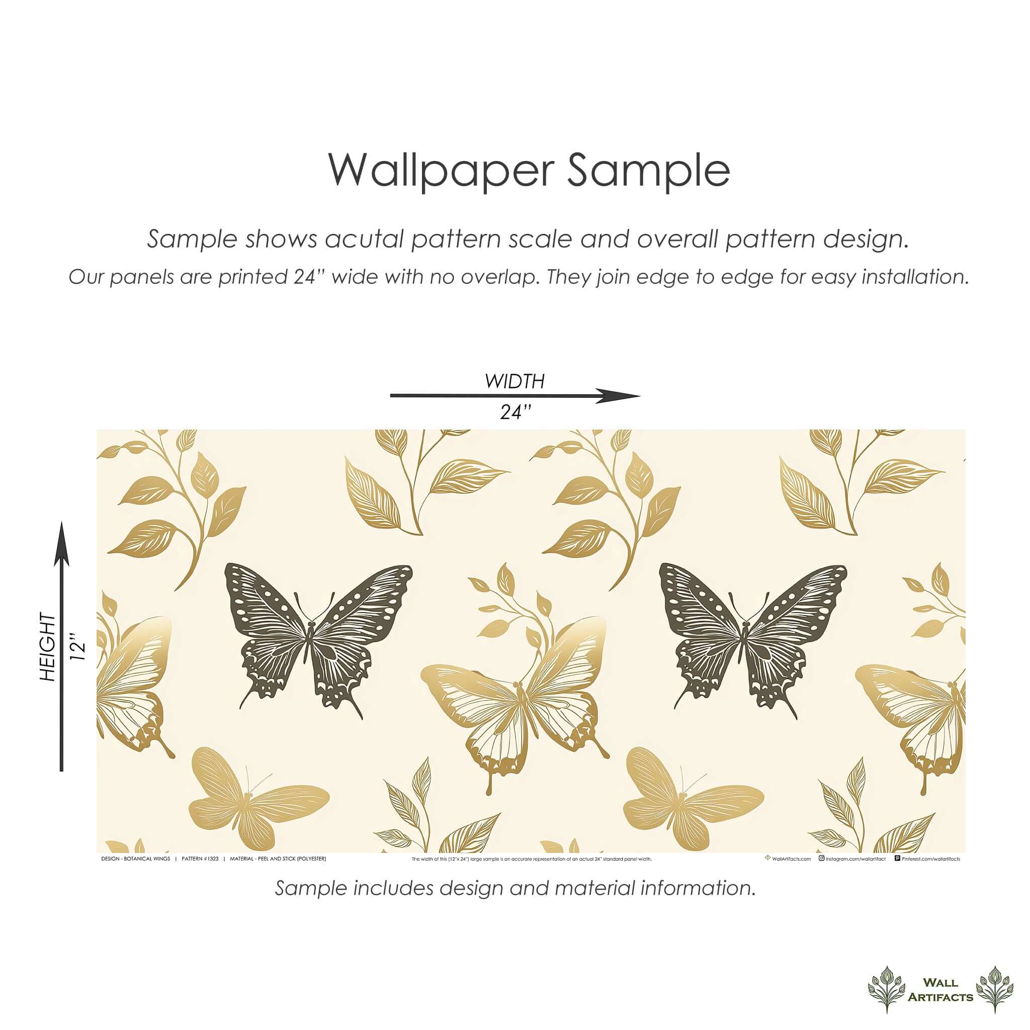 Elegant botanical wallpaper sample with butterflies and leaves in soft gold and charcoal tones, ideal for modern nursery or playroom decor.