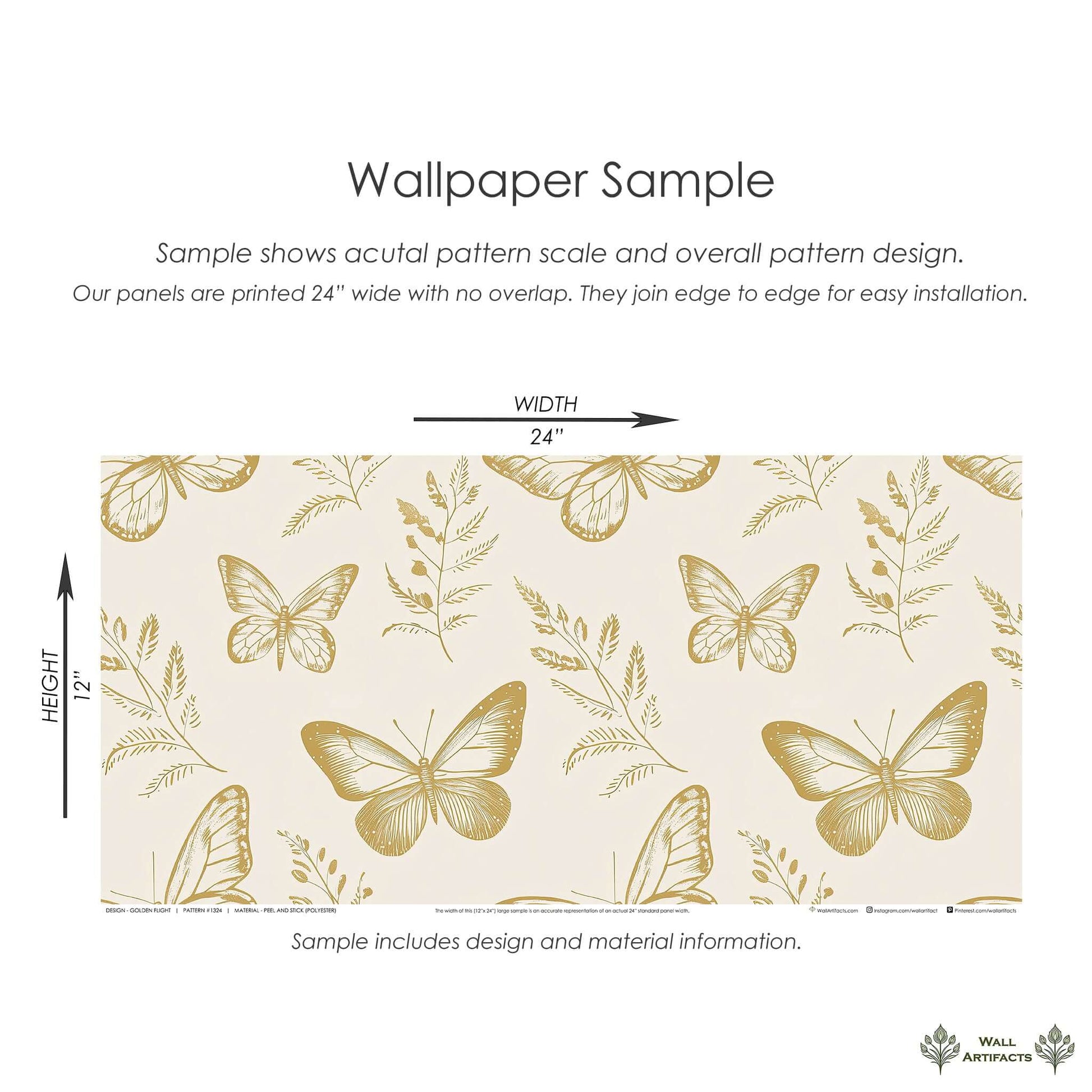 Golden Flight wallpaper with metallic gold butterflies and florals on ivory; ideal for nursery, playroom, or modern design spaces.