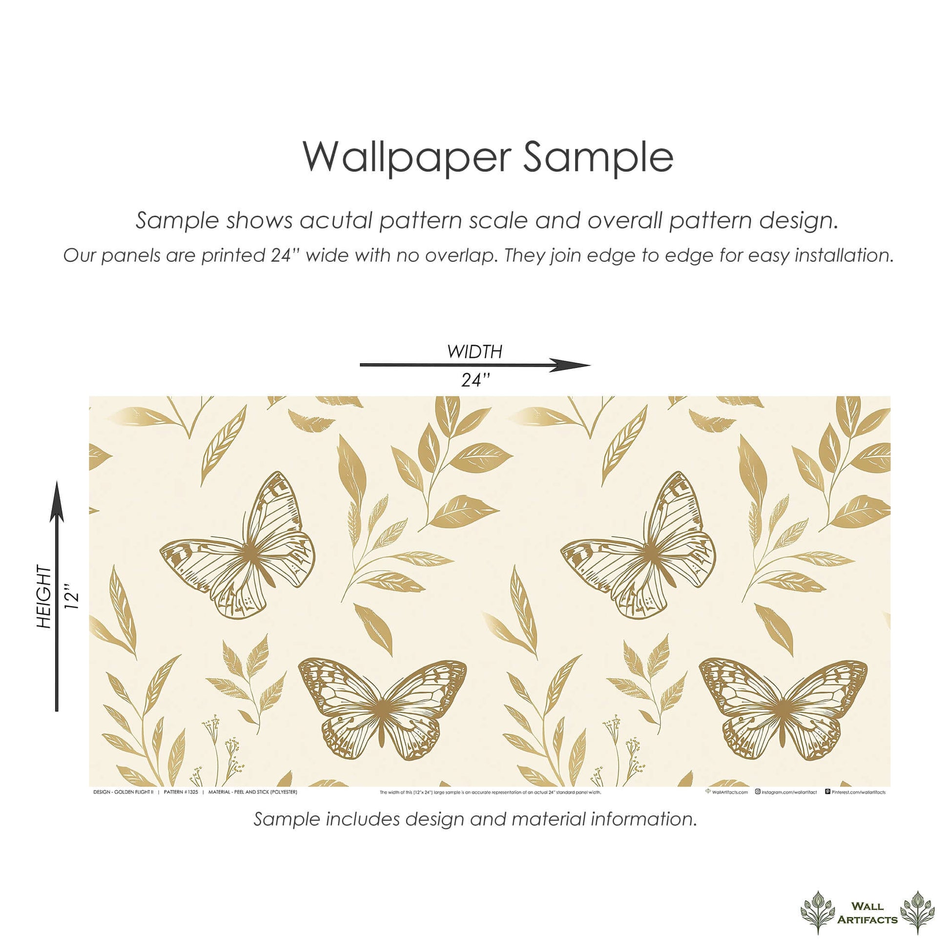 Golden wallpaper sample with metallic butterflies and leafy flora, ideal for modern nurseries and playrooms. 24x12 inches.