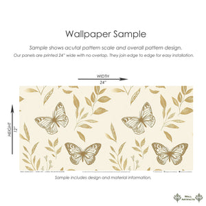 Golden wallpaper sample with metallic butterflies and leafy flora, ideal for modern nurseries and playrooms. 24x12 inches.