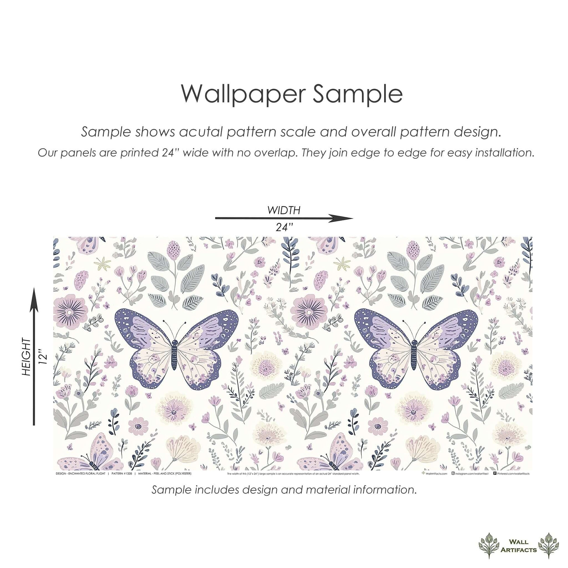 Enchanted Floral Flight wallpaper sample with butterflies and florals, perfect for modern nursery or playroom design.