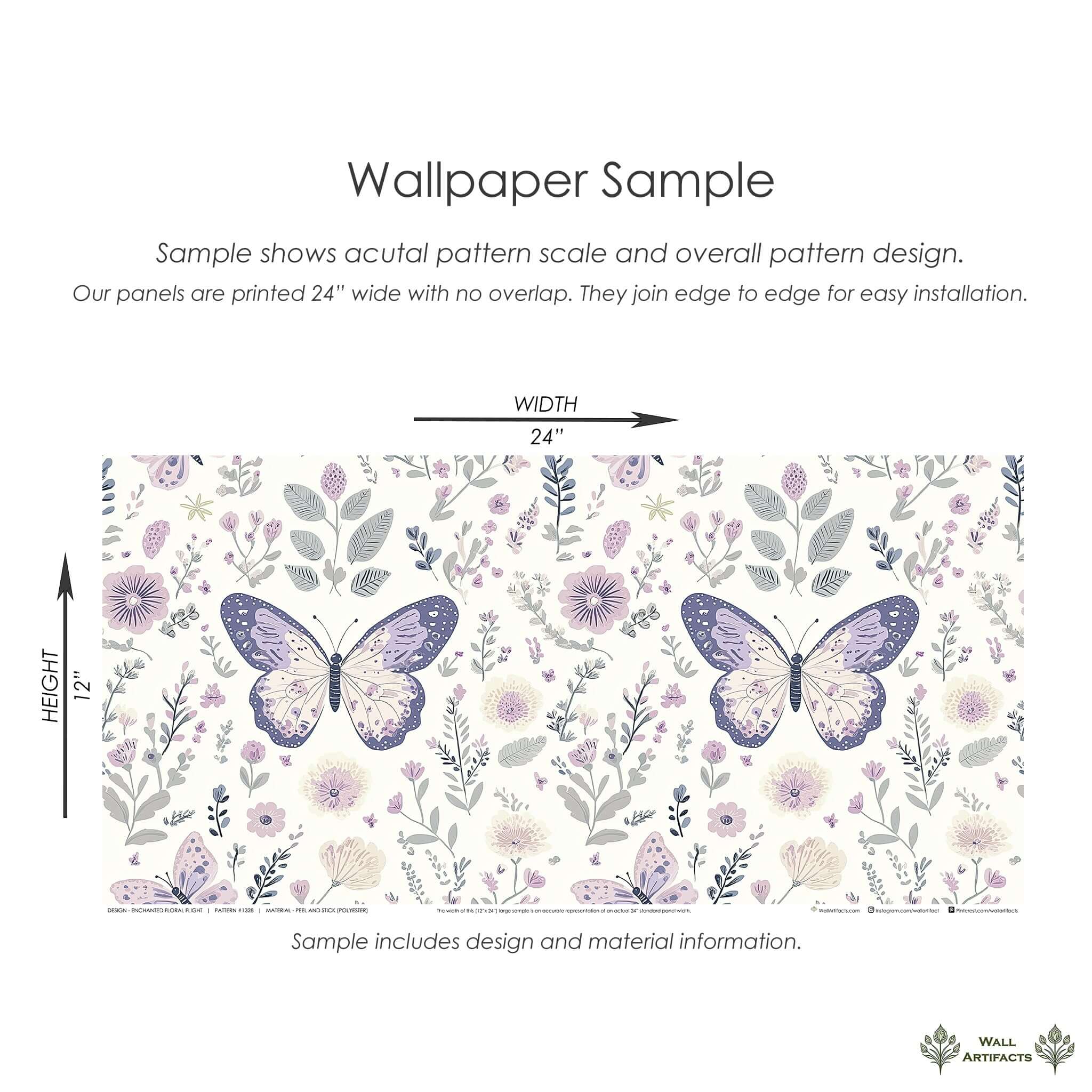 Enchanted Floral Flight wallpaper sample with butterflies and florals, perfect for modern nursery or playroom design.