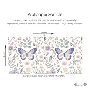 Enchanted Floral Flight wallpaper sample with butterflies and florals, perfect for modern nursery or playroom design.