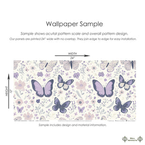 Butterfly Garden Dreams wallpaper sample with purple butterflies and florals, ideal for nursery and playroom decor.