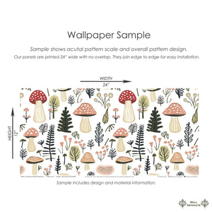 Woodland Wonder Toadstools wallpaper, featuring hand-drawn mushrooms and plants for a modern nursery or playroom, 24-inch sample.