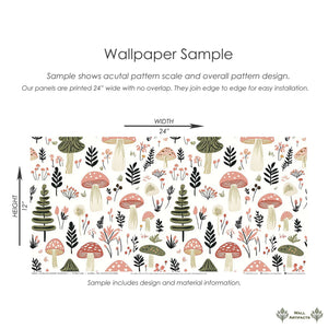 Woodland Wonder Toadstools II Wallpaper featuring playful mushrooms and pine trees. Perfect for nursery or playroom modern design.