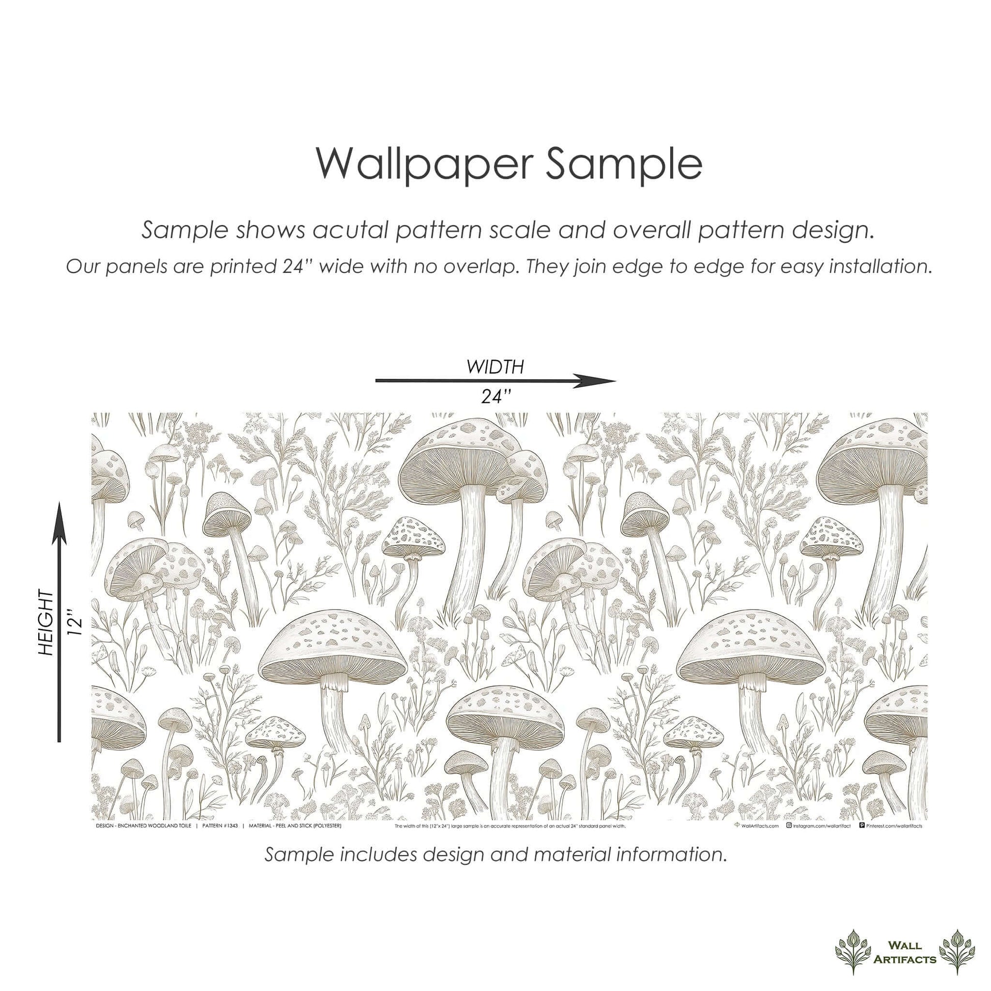 Sample of Enchanted Woodland Toile Wallpaper with mushrooms and wildflowers in soft monochrome, showcasing a French toile design.