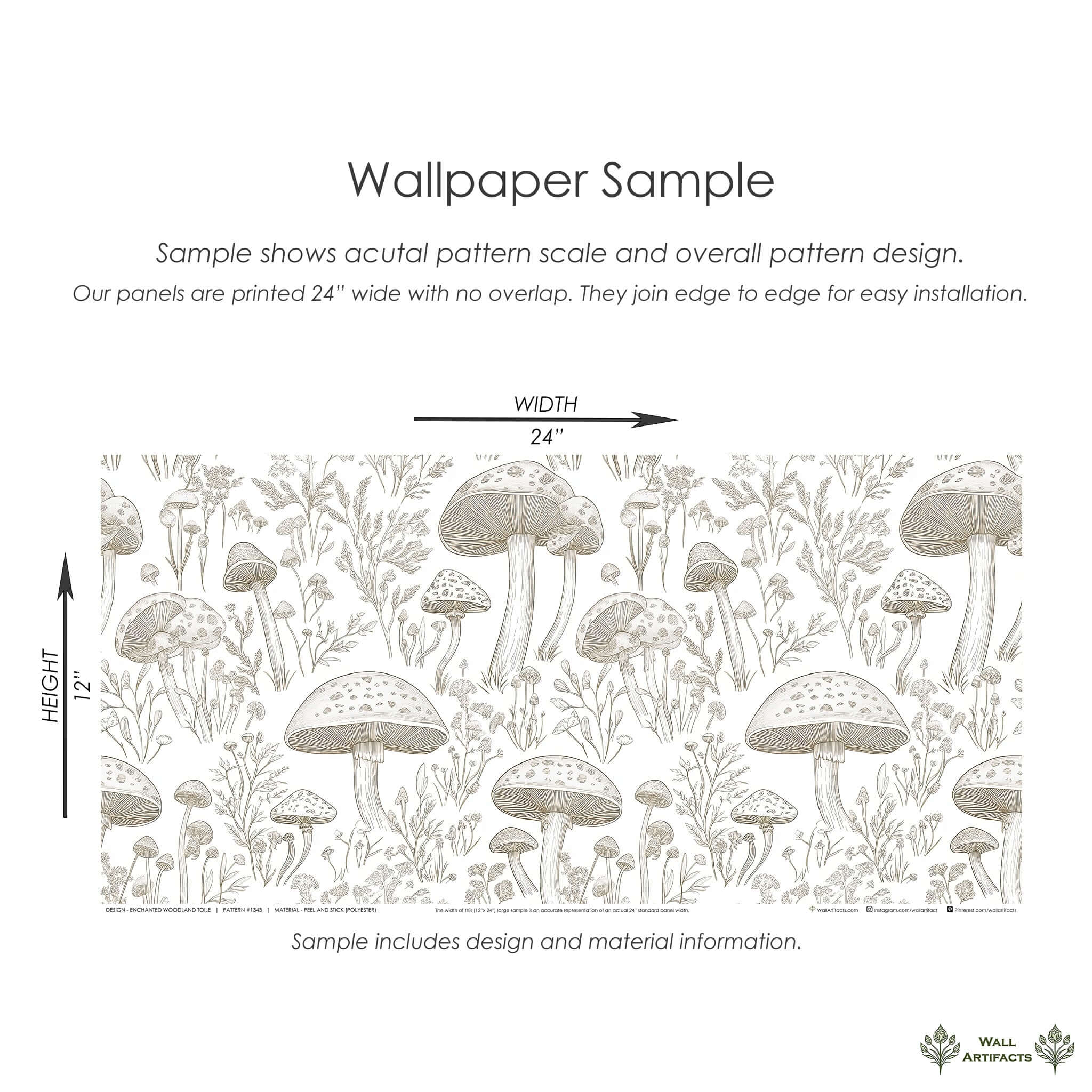 Sample of Enchanted Woodland Toile Wallpaper with mushrooms and wildflowers in soft monochrome, showcasing a French toile design.