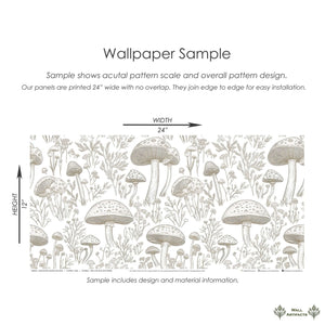 Sample of Enchanted Woodland Toile Wallpaper with mushrooms and wildflowers in soft monochrome, showcasing a French toile design.