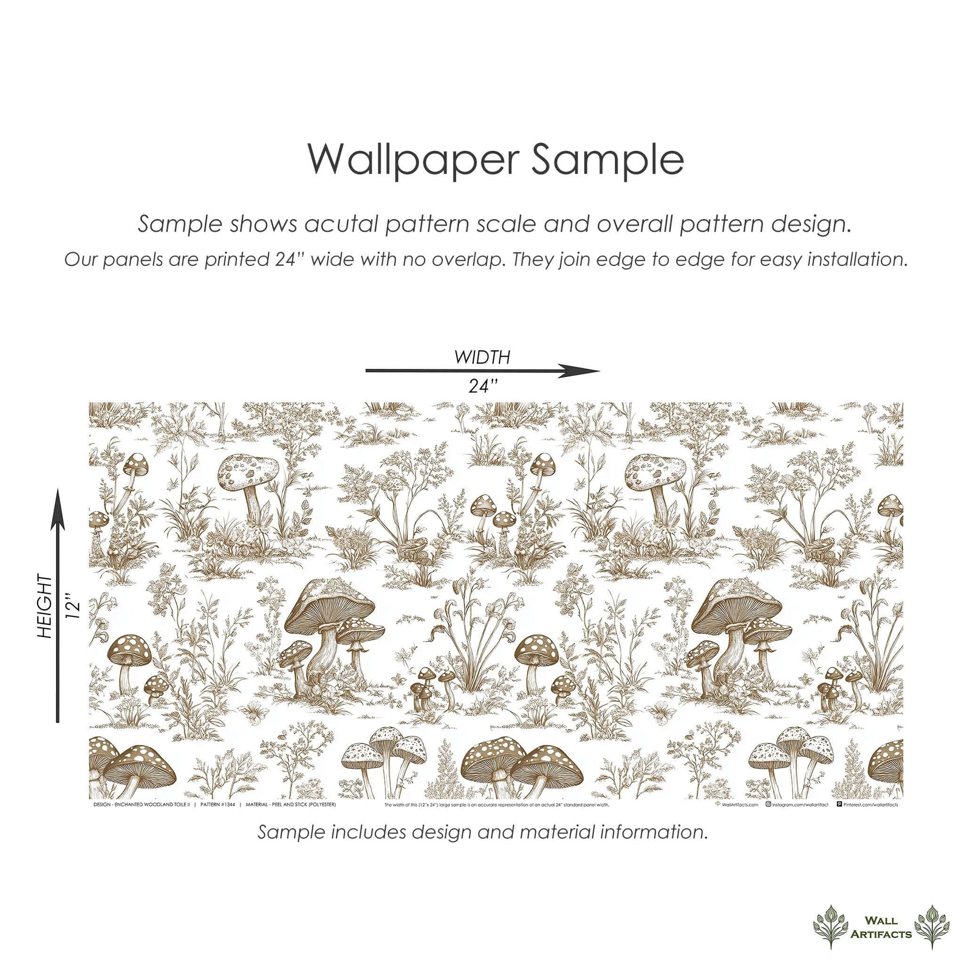 Enchanted Woodland Toile II Wallpaper sample with mushrooms and botanical patterns, showcasing vintage toile style for cottagecore decor.