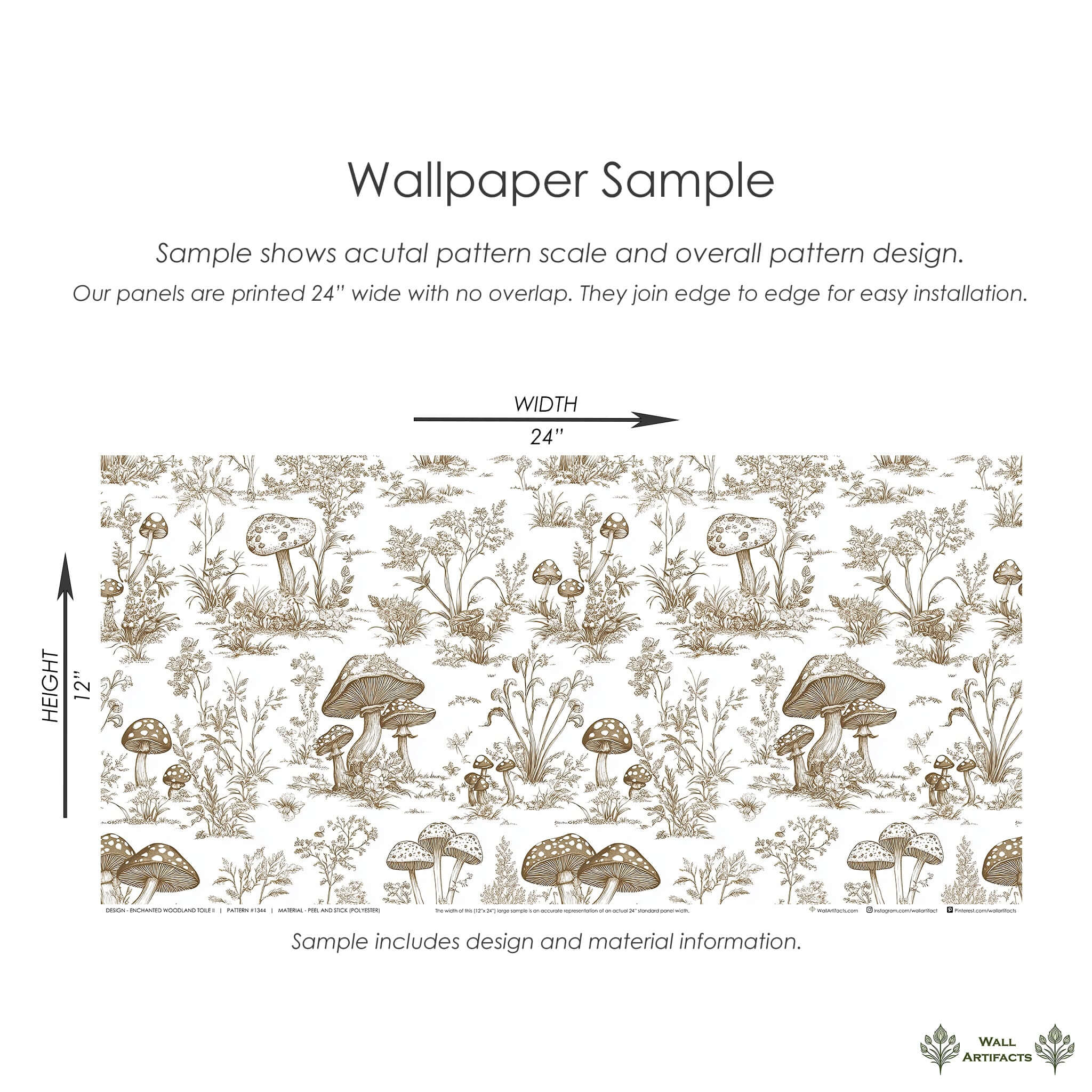 Enchanted Woodland Toile II Wallpaper sample with mushrooms and botanical patterns, showcasing vintage toile style for cottagecore decor.