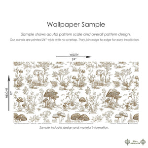 Enchanted Woodland Toile II Wallpaper sample with mushrooms and botanical patterns, showcasing vintage toile style for cottagecore decor.