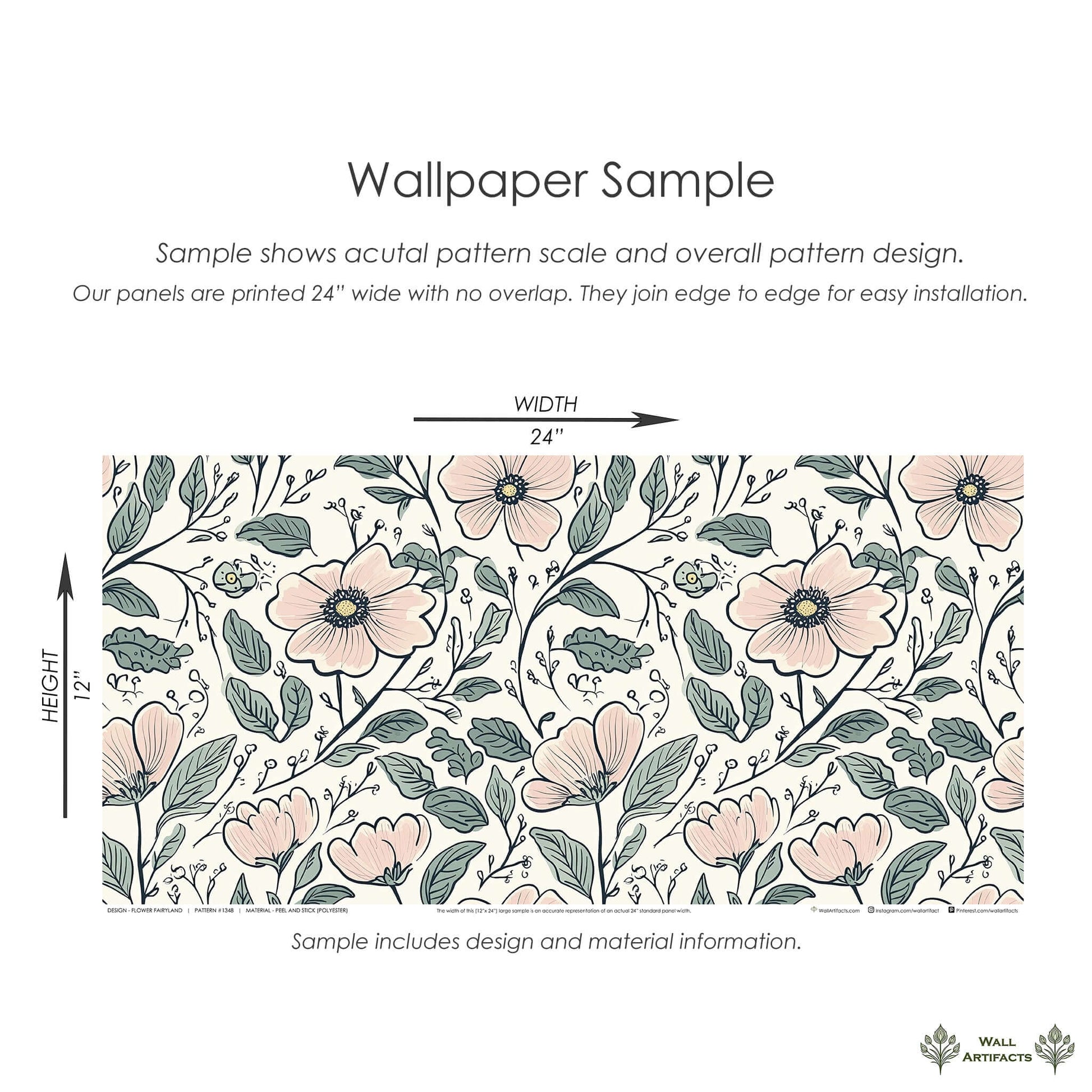 Sample of "Flower Fairyland" wallpaper with hand-drawn blush flowers and sage leaves, perfect for nursery or playroom. #cottagecore