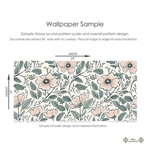 Sample of "Flower Fairyland" wallpaper with hand-drawn blush flowers and sage leaves, perfect for nursery or playroom. #cottagecore