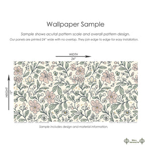 Little Blossoms Garden Wallpaper sample with hand-sketched pink floral and leafy botanicals on a cream background, perfect for nurseries.