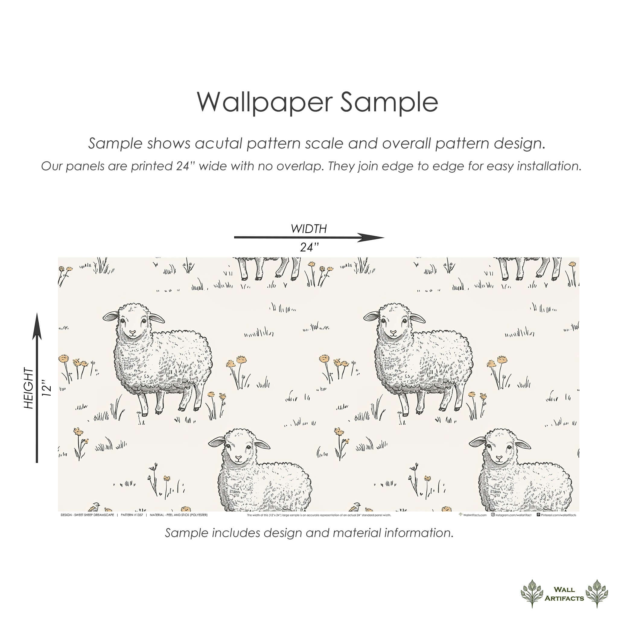 Sweet Sheep Dreamscape wallpaper sample with hand-drawn sheep and florals, perfect for nursery or playroom decor.