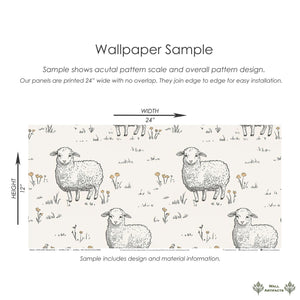 Sweet Sheep Dreamscape wallpaper sample with hand-drawn sheep and florals, perfect for nursery or playroom decor.