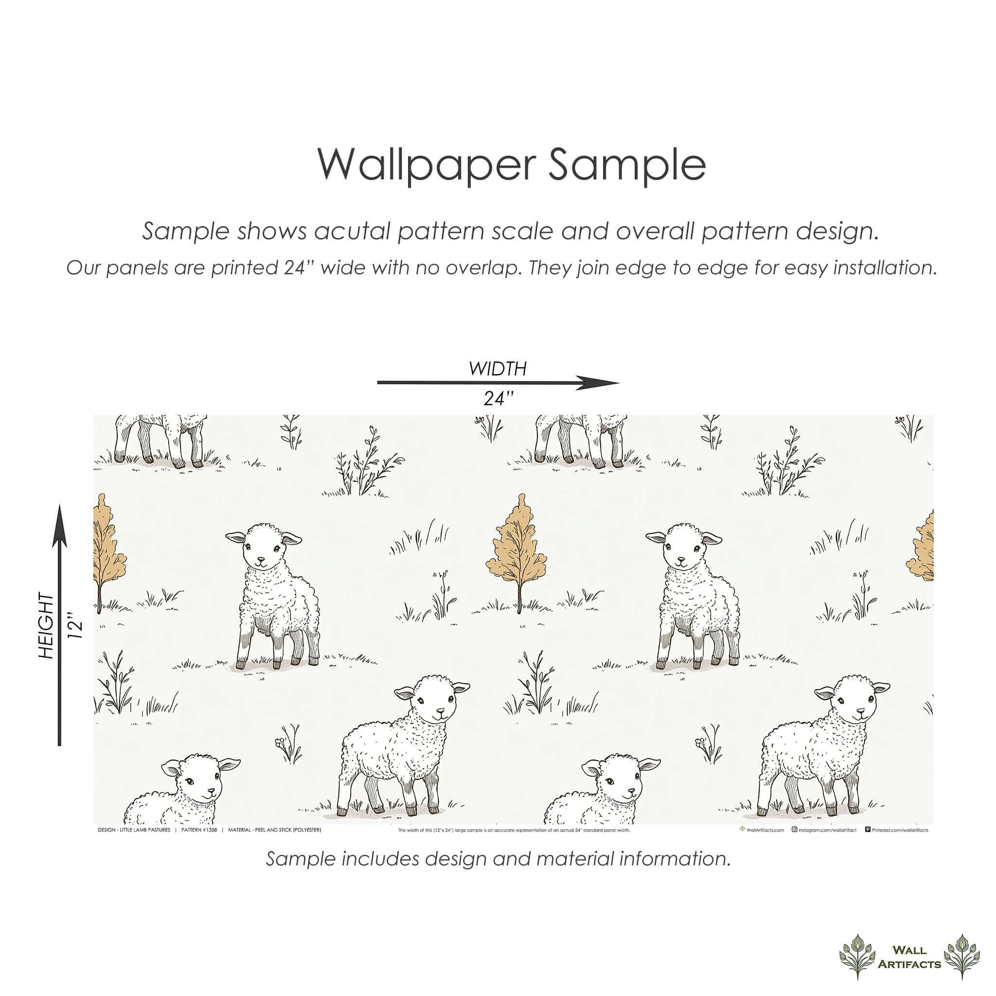 Wallpaper sample of Little Lamb Pastures, featuring hand-drawn lambs among greenery for nursery or playroom decor.