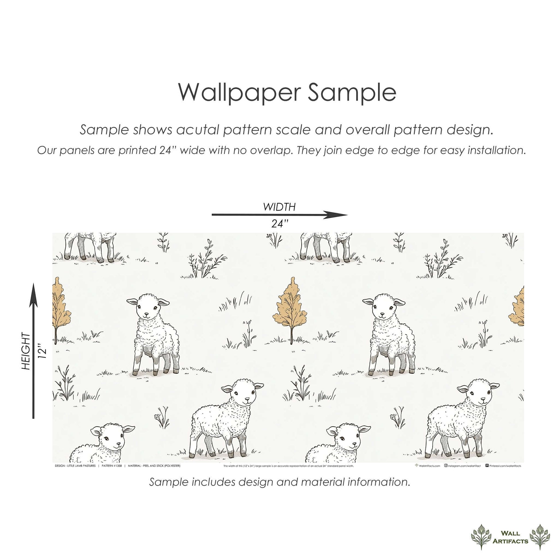 Wallpaper sample of Little Lamb Pastures, featuring hand-drawn lambs among greenery for nursery or playroom decor.
