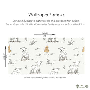 Wallpaper sample of Little Lamb Pastures, featuring hand-drawn lambs among greenery for nursery or playroom decor.