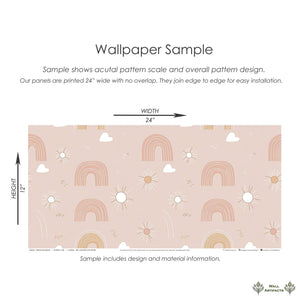 Pink rainbows wallpaper sample with suns and clouds, ideal for nurseries and playrooms. Modern design for baby and children’s decor.