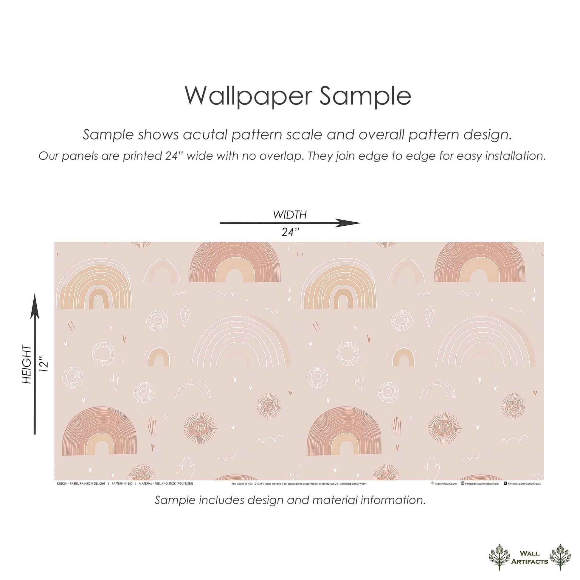 Pastel Rainbow Delight Wallpaper sample with pink rainbows; perfect for modern baby nursery, children's playroom, and warm decor.