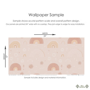 Pastel Rainbow Delight Wallpaper sample with pink rainbows; perfect for modern baby nursery, children's playroom, and warm decor.
