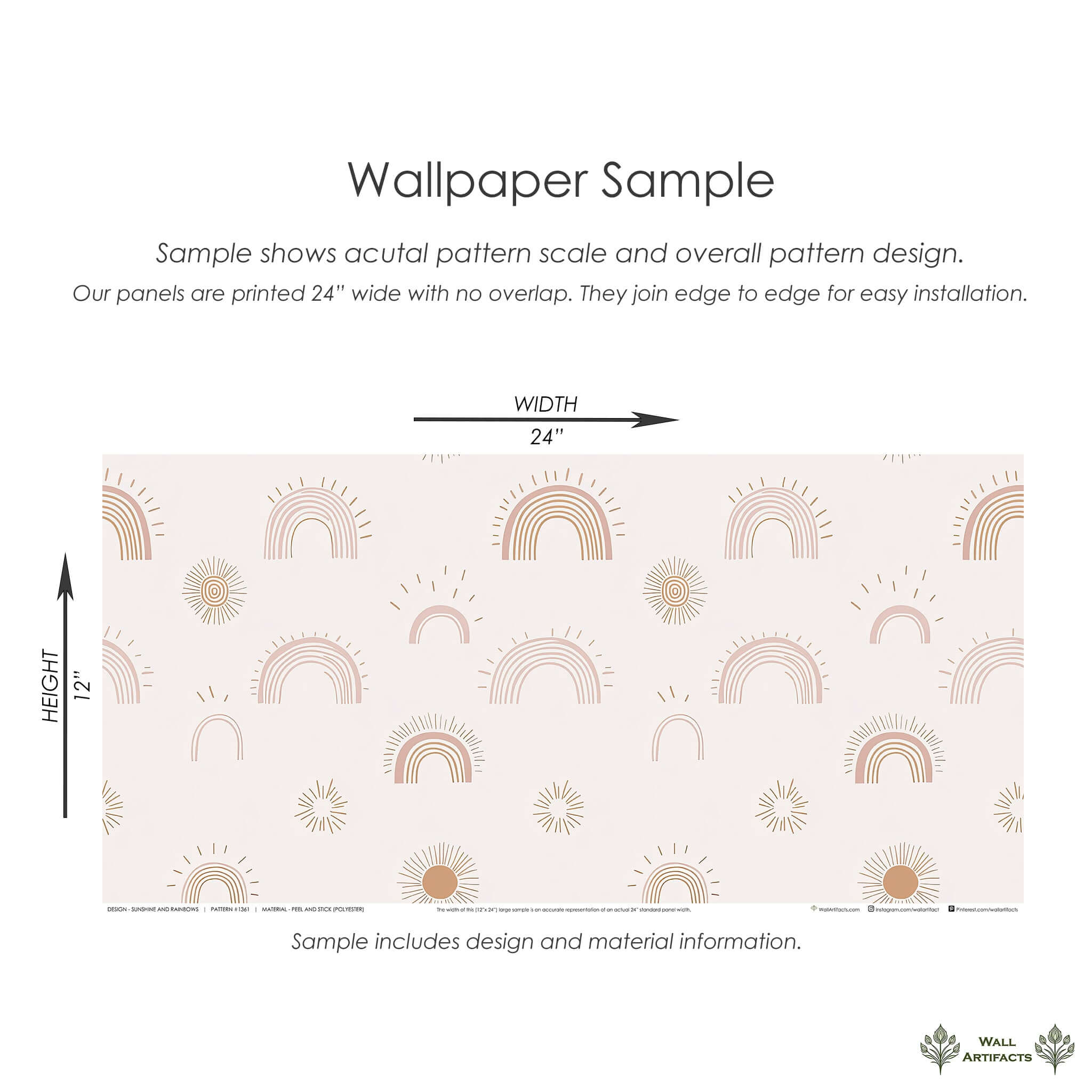 "Sunshine and Rainbows" wallpaper sample with hand-drawn rainbows and suns in blush and tan colors, perfect for modern nurseries and playrooms.