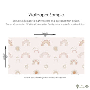 "Sunshine and Rainbows" wallpaper sample with hand-drawn rainbows and suns in blush and tan colors, perfect for modern nurseries and playrooms.
