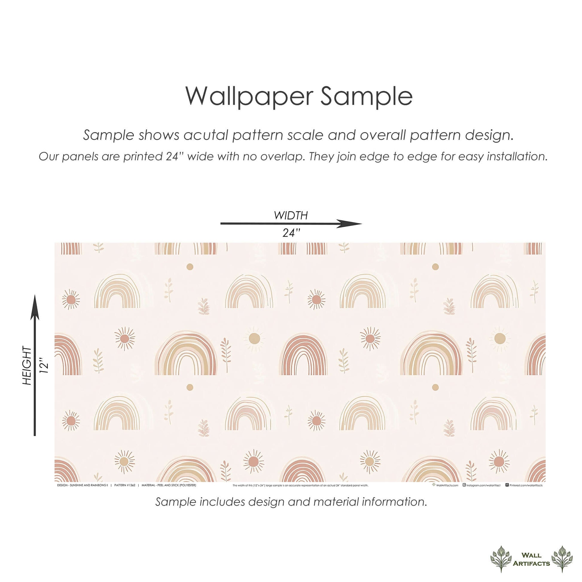 Sunshine and Rainbows II Wallpaper Sample: Pastel rainbows, suns, and foliage on a creamy background for nurseries and modern playrooms.