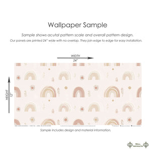 Sunshine and Rainbows II Wallpaper Sample: Pastel rainbows, suns, and foliage on a creamy background for nurseries and modern playrooms.