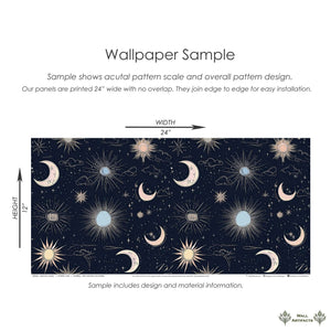Sample of "Night Sky Magic" Wallpaper sample with suns, moons, stars on deep blue - perfect for modern nurseries and playrooms.