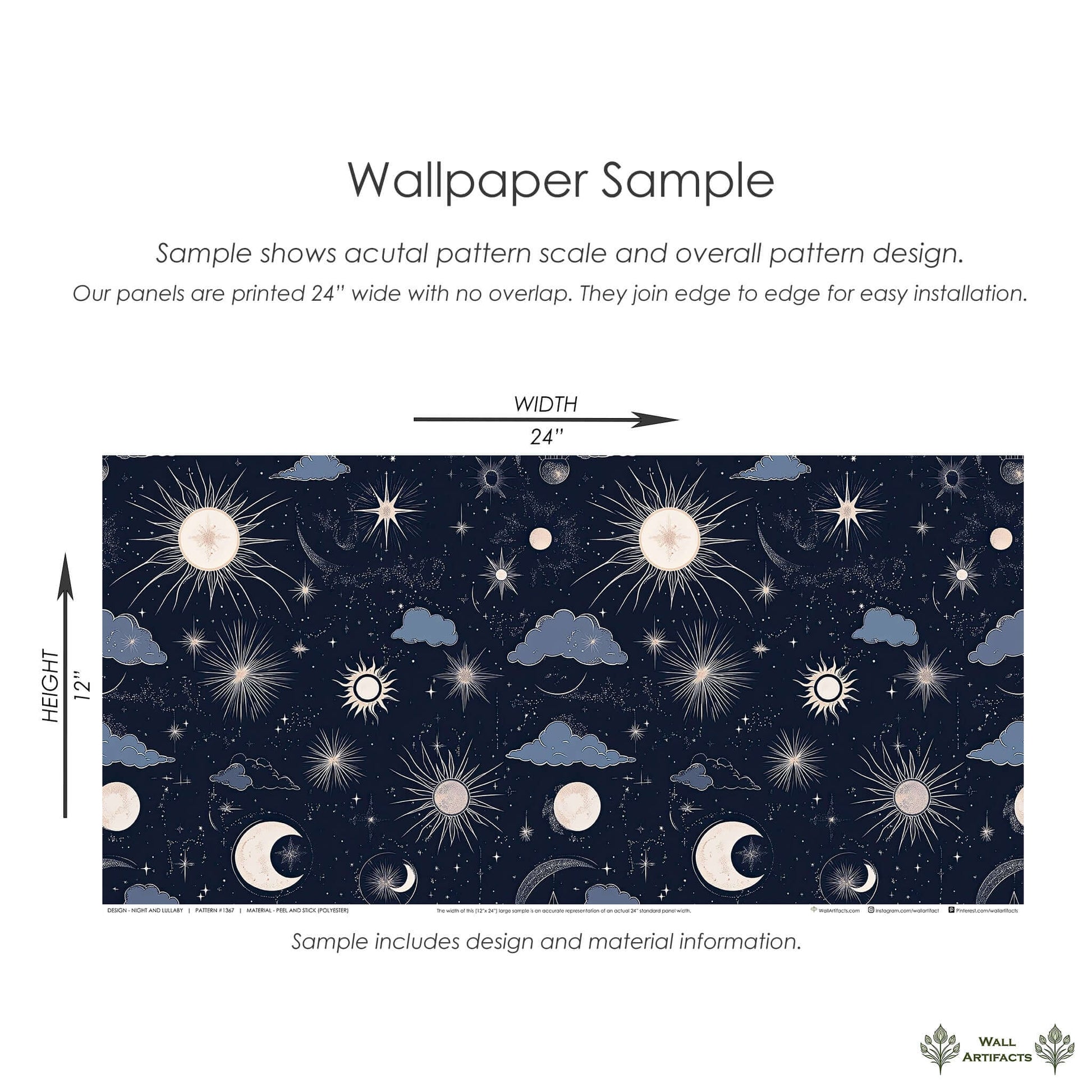 Sample of "Night and Lullaby" wallpaper featuring celestial modern design with moon, sun, and stars for nurseries and playrooms.