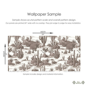 "Desert Toile Elegance II" wallpaper sample featuring French toile desert landscape in sepia tones, ideal for modern or rustic decor.