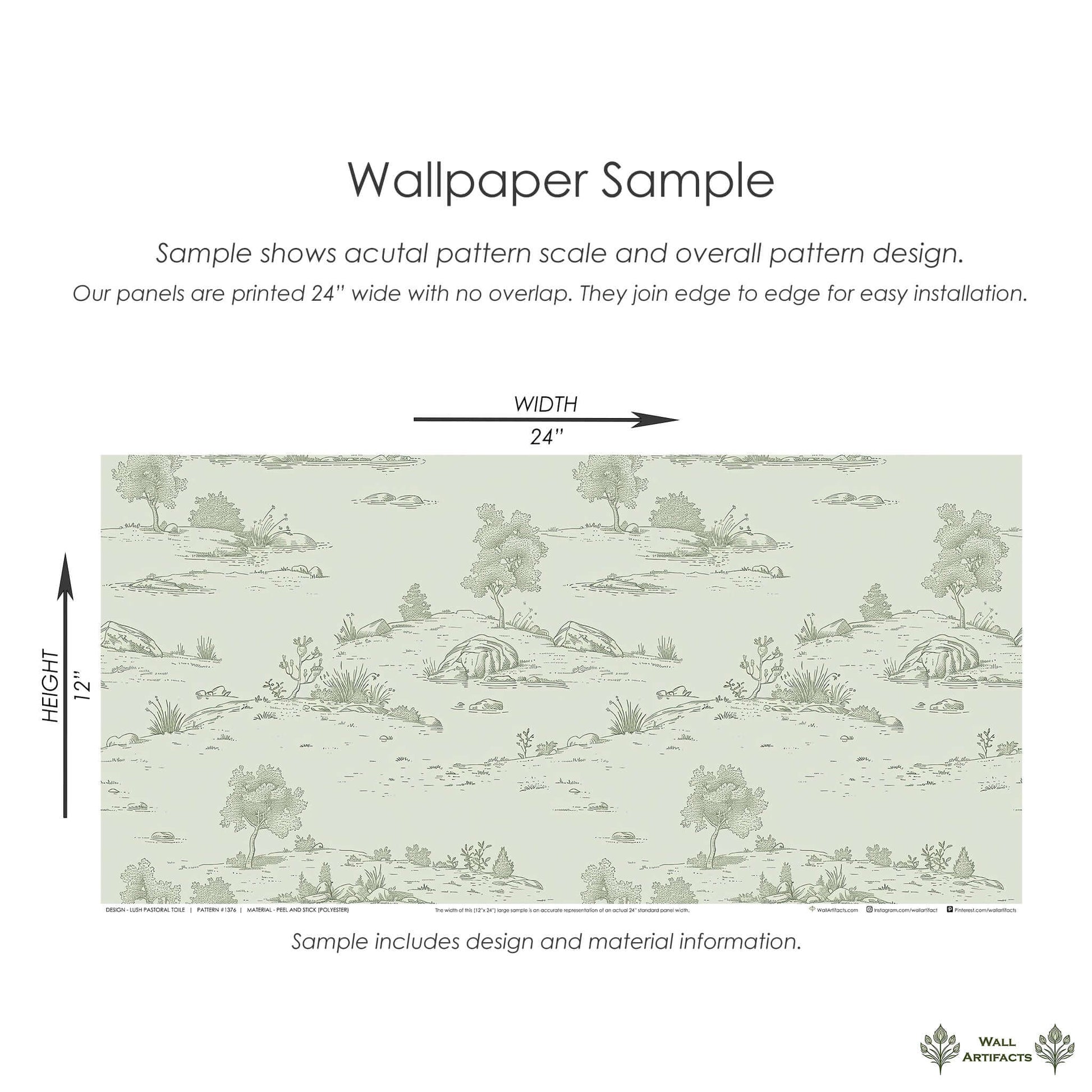 Lush Pastoral Toile Wallpaper sample with soft green pastoral landscapes, showcasing French toile design, ideal for sophisticated décor.