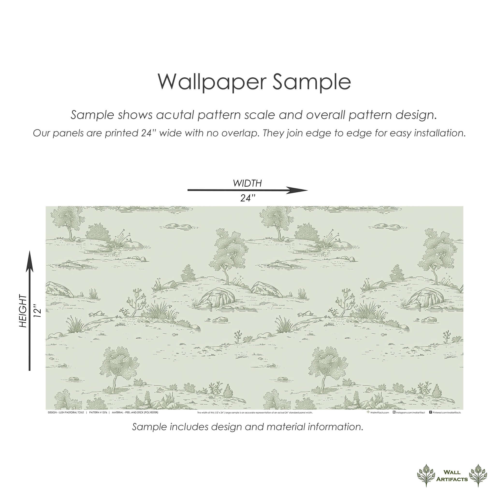 Lush Pastoral Toile Wallpaper sample with soft green pastoral landscapes, showcasing French toile design, ideal for sophisticated décor.