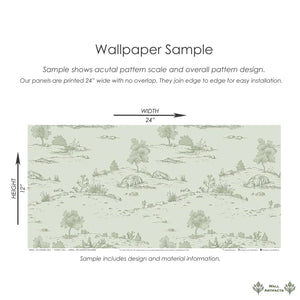 Lush Pastoral Toile Wallpaper sample with soft green pastoral landscapes, showcasing French toile design, ideal for sophisticated décor.