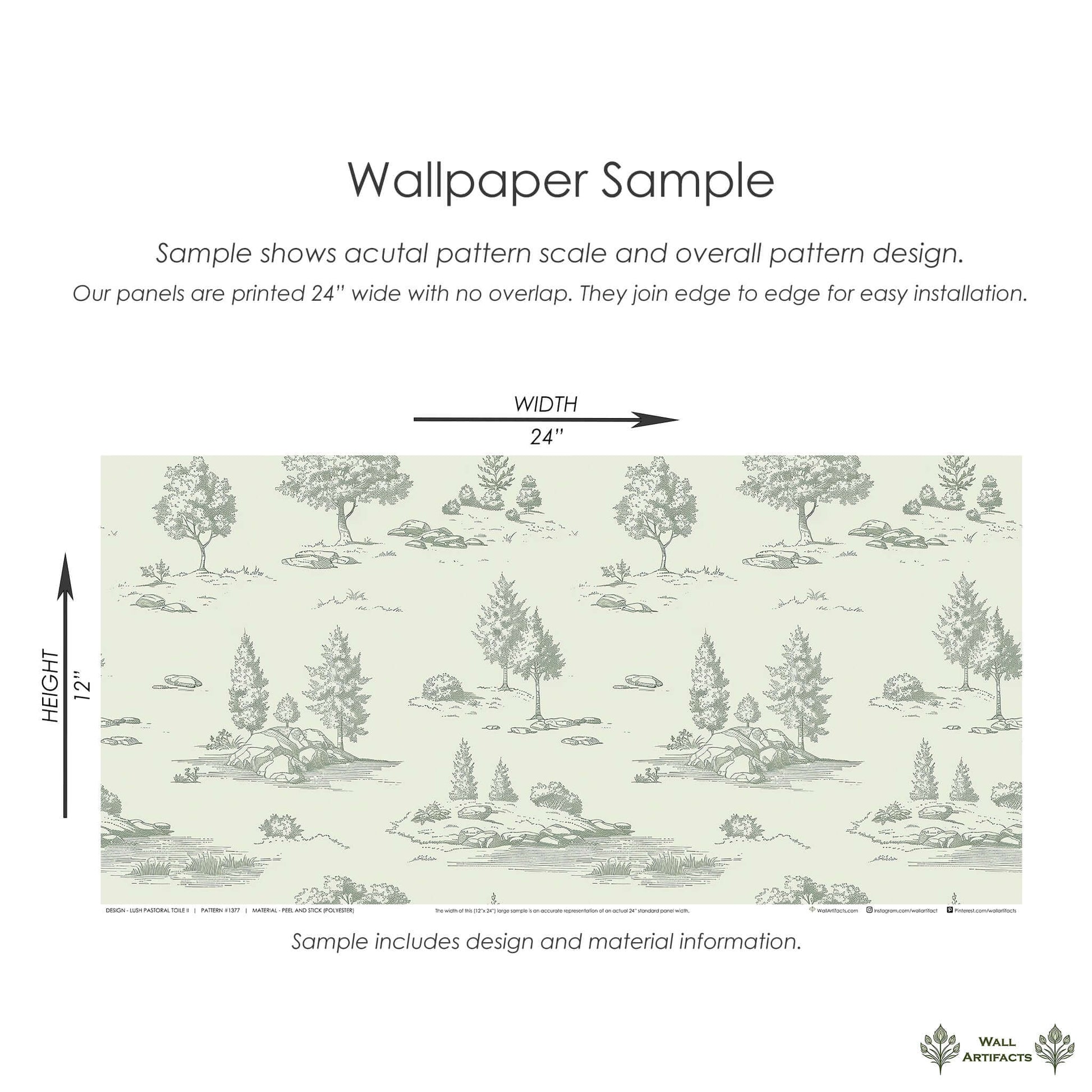 Sample of Lush Pastoral Toile II wallpaper, featuring French toile landscape with trees and meadows in green linework on a pale background.