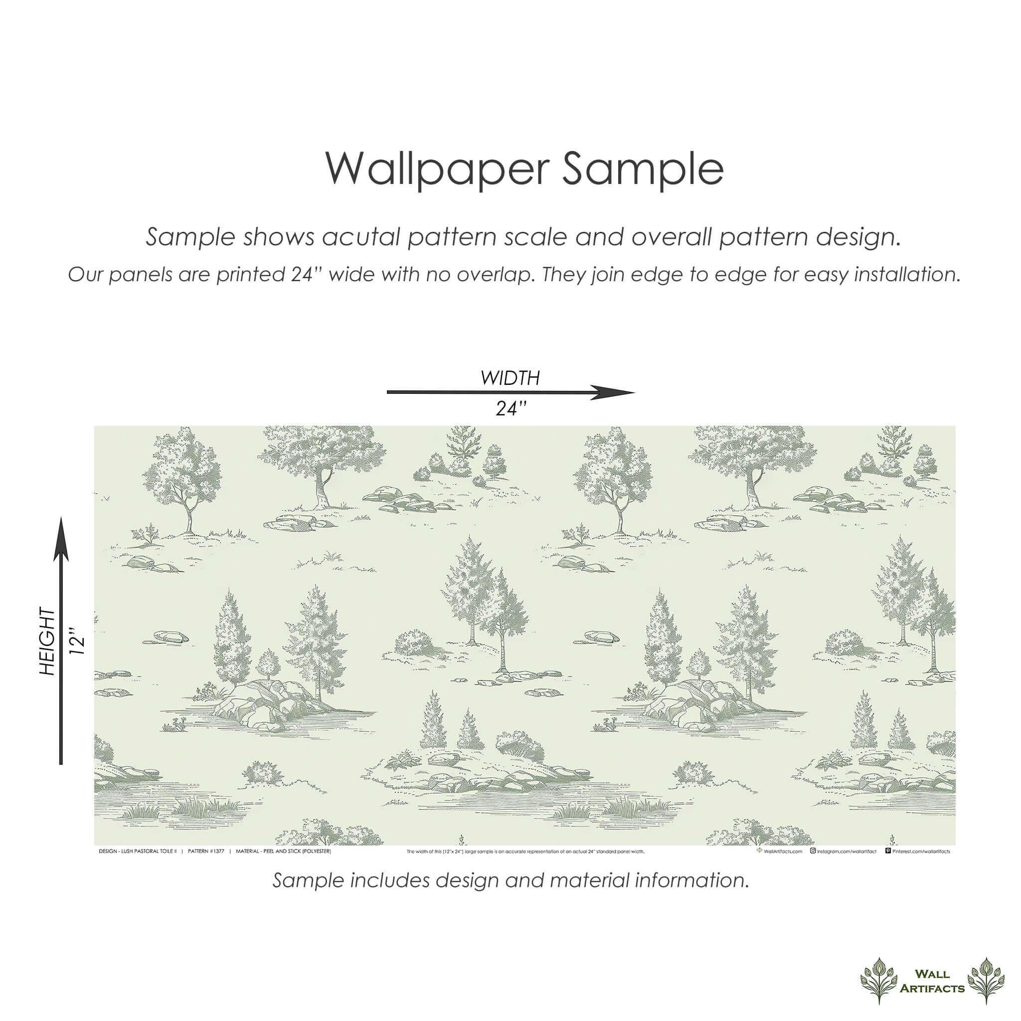 Sample of Lush Pastoral Toile II wallpaper, featuring French toile landscape with trees and meadows in green linework on a pale background.